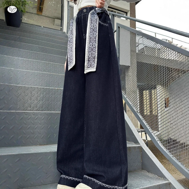 女童2025秋季新品丝巾腰带牛仔裤中大童春秋复古阔腿裤学生直筒裤