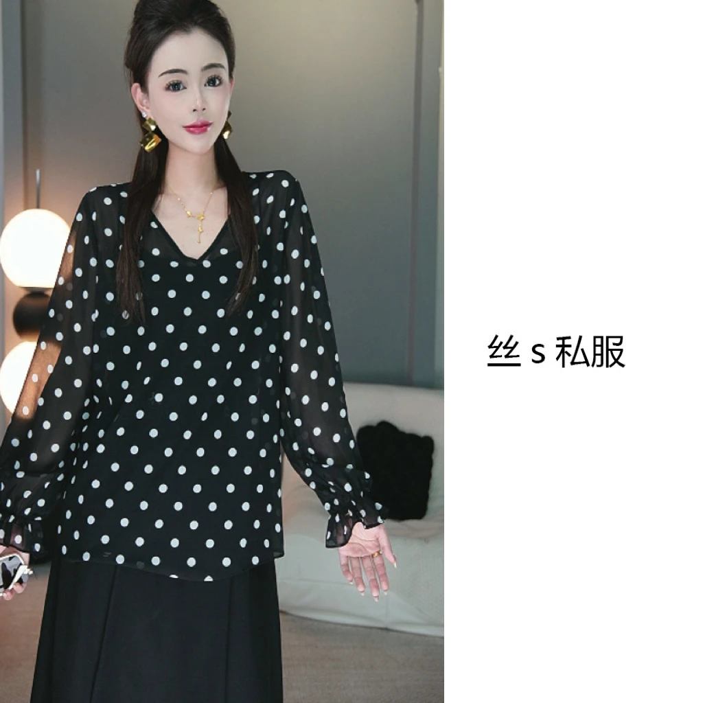 丝s私服【古港】夏季防晒长袖波点复古V领上衣T恤L4288