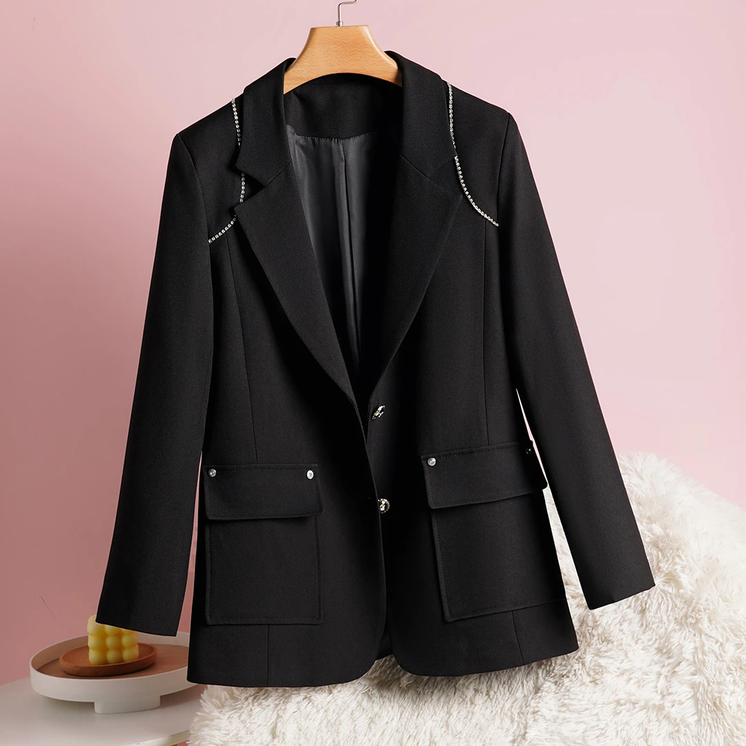 黑色西装外套女2025春秋新款高级感时尚休闲小个子烫钻西服上衣