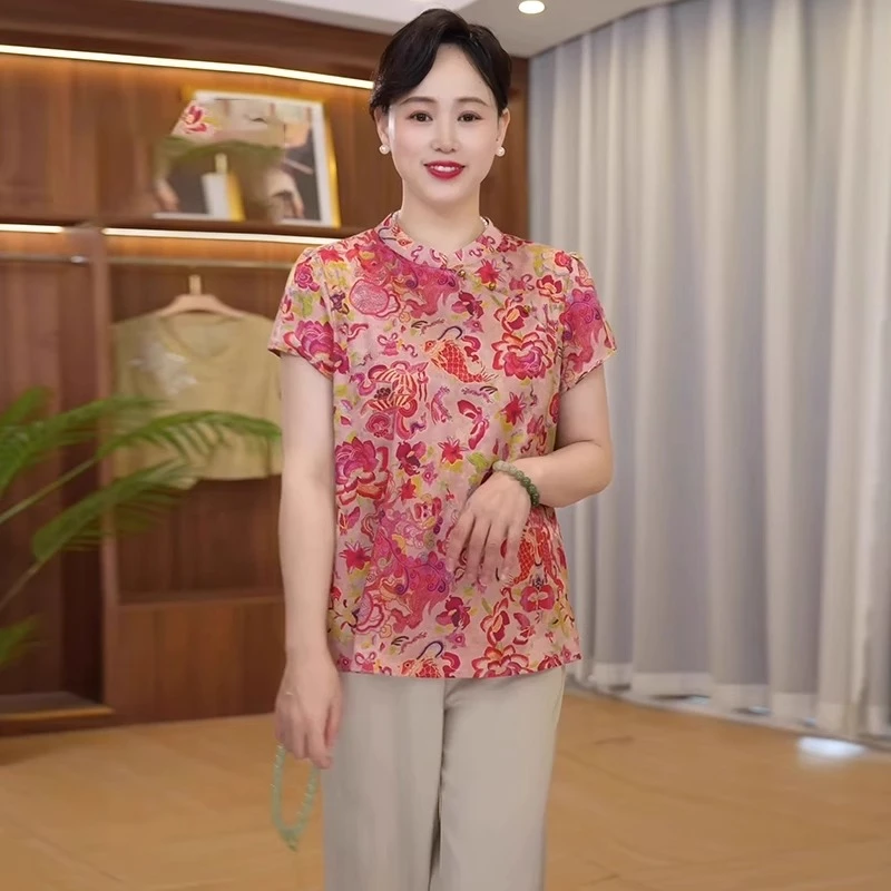 妈妈夏装新中式时尚气质上衣洋气国风小衫中老年女装短袖提花T恤