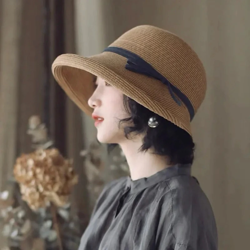 夏季赫本风遮阳帽女可折叠帽卷边渔夫帽子复古沙滩高级防晒太阳帽