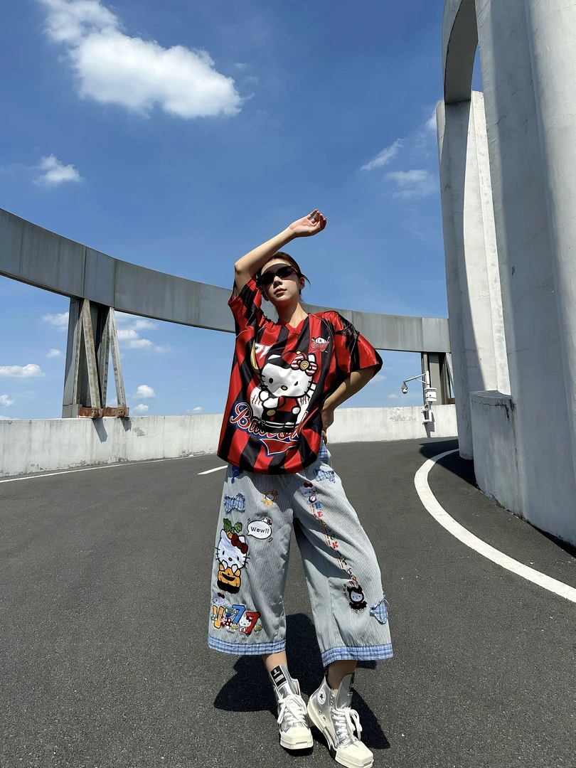 【KT条纹七分裤】V77新款贴布刺绣牛仔裤男女同款