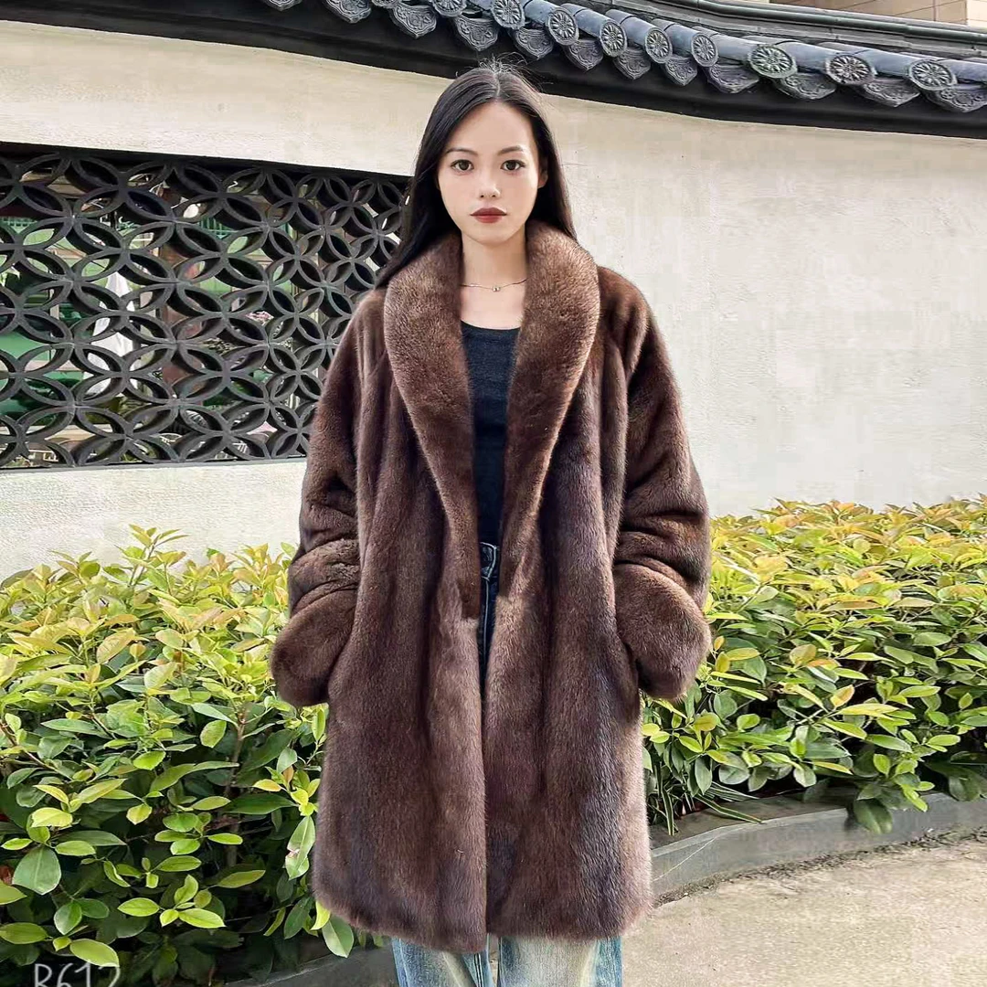 2025新款青果领挽袖貂皮大衣女整貂进口天鹅绒水貂皮草外套中长款
