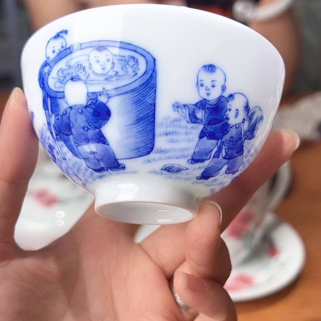 柴窑 青花童趣司马光 直口杯