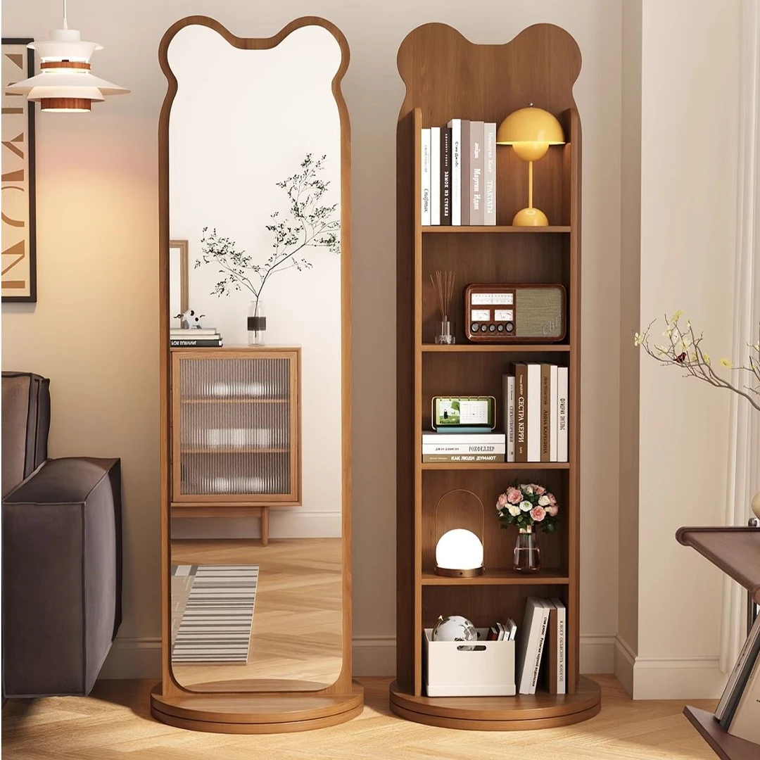小熊书架全身镜可旋转置物镜落地镜家用杂志书架试衣储物穿衣镜子