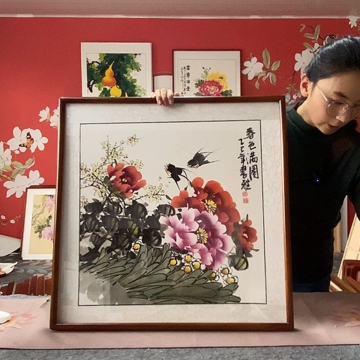 国画手写手绘带框包邮国画作品62✖️62