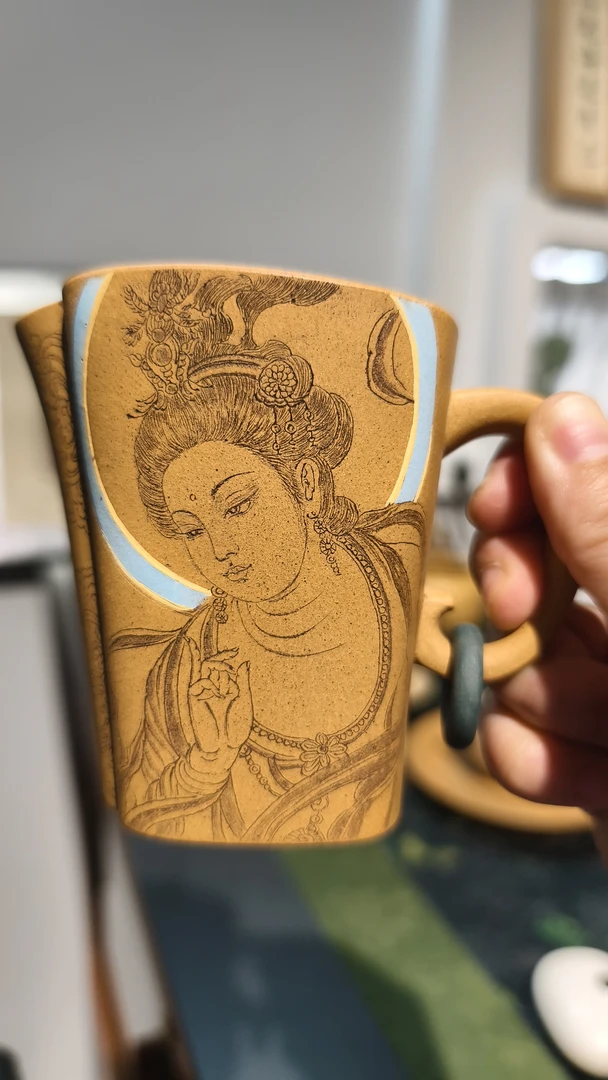 紫砂海棠公道杯-高端刻绘敦煌壁画系列