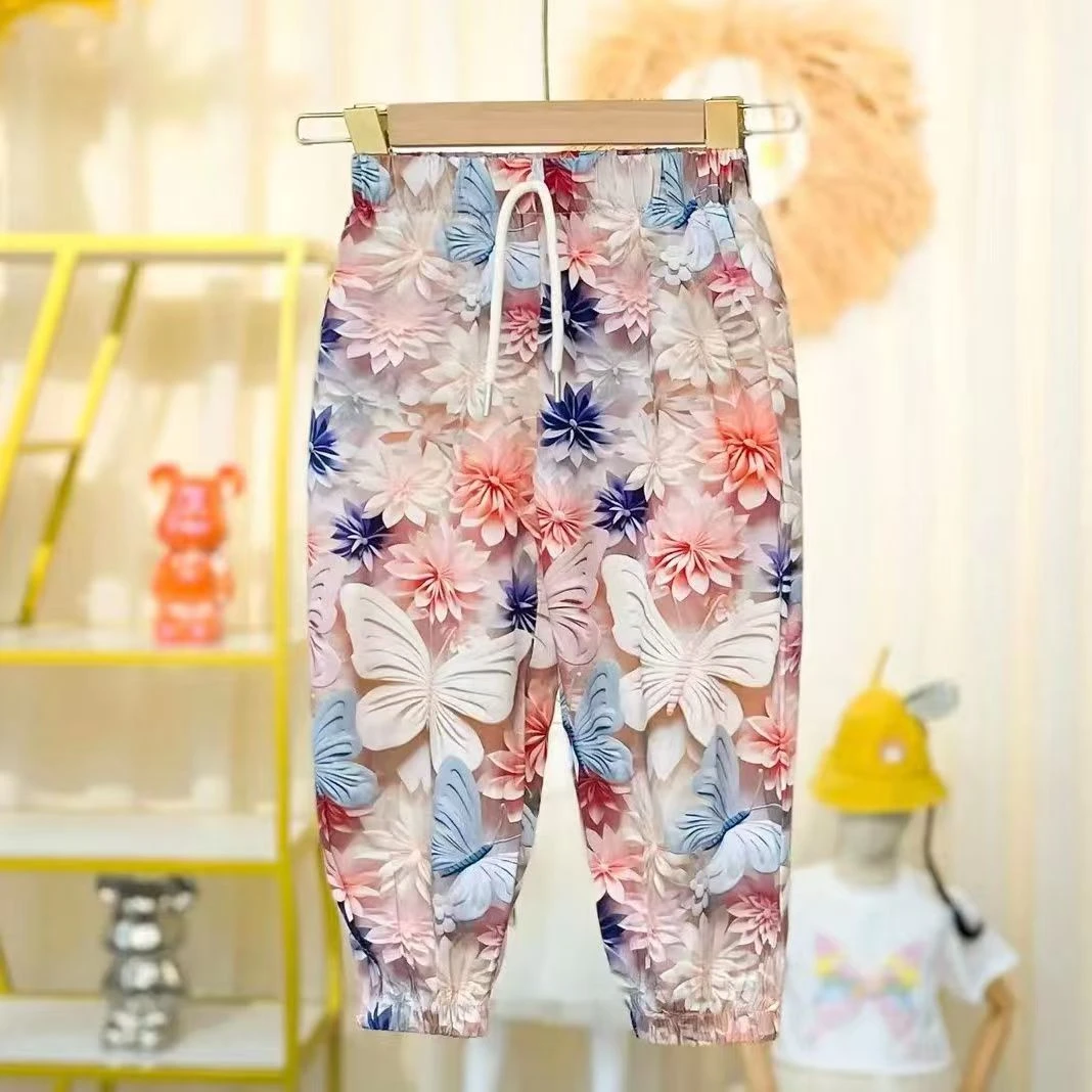 女童裤子夏季薄款蝴蝶花朵防蚊裤小童夏季韩版长裤外穿绵绸裤