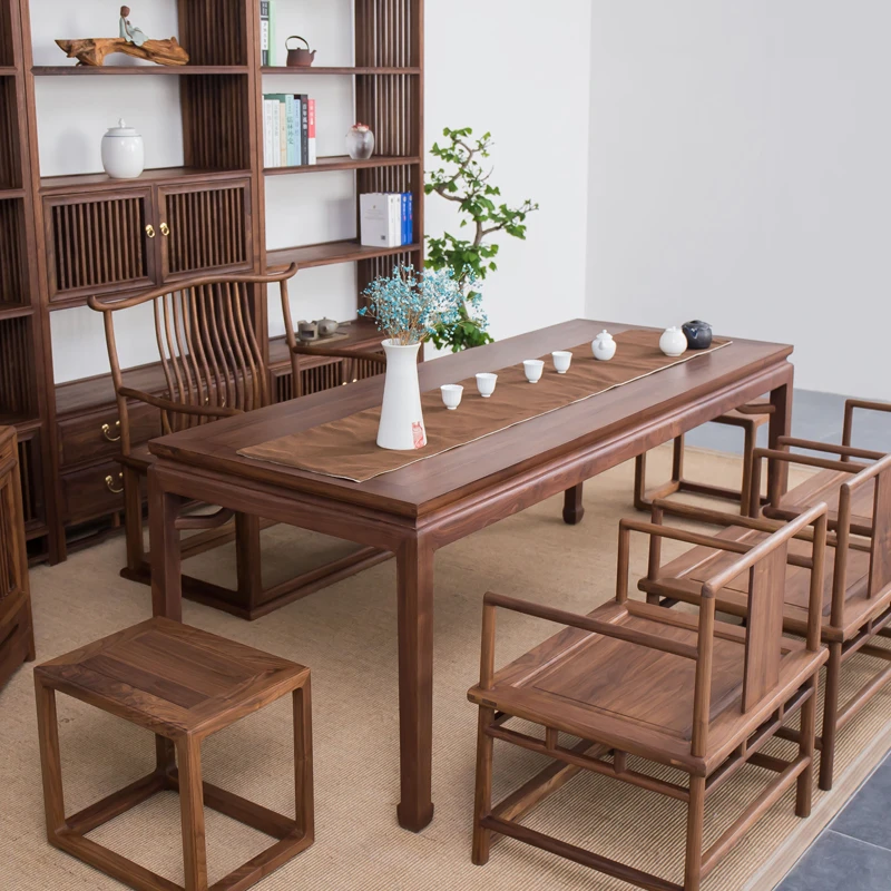 新中式简约榆木茶桌实木组合中古风禅意老榆木茶几马蹄束腰桌
