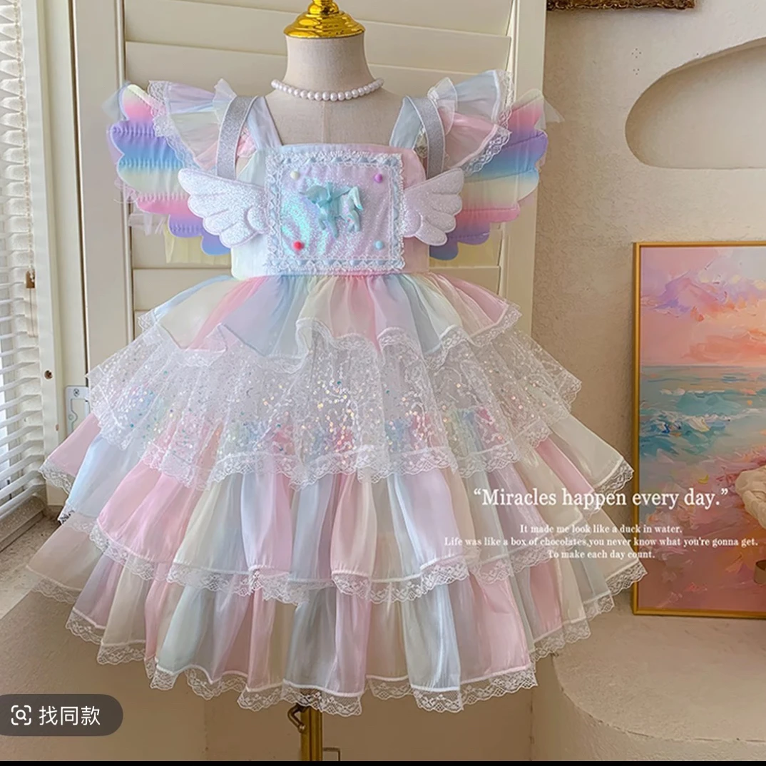 2025秋季新款女童小马宝莉公主裙送翅膀彩色吊带飞袖蛋糕礼服纱裙