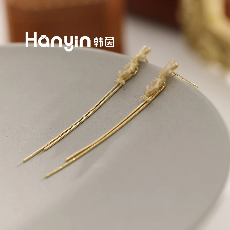 铜合金合成锆石耳饰 925银针高定优雅气质满镶杨树林流苏耳钉AAA