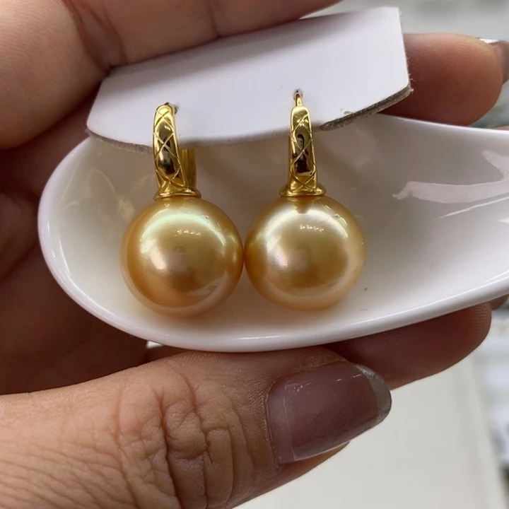 银S925镶嵌海水珍珠耳饰南洋金珠14-15m m
