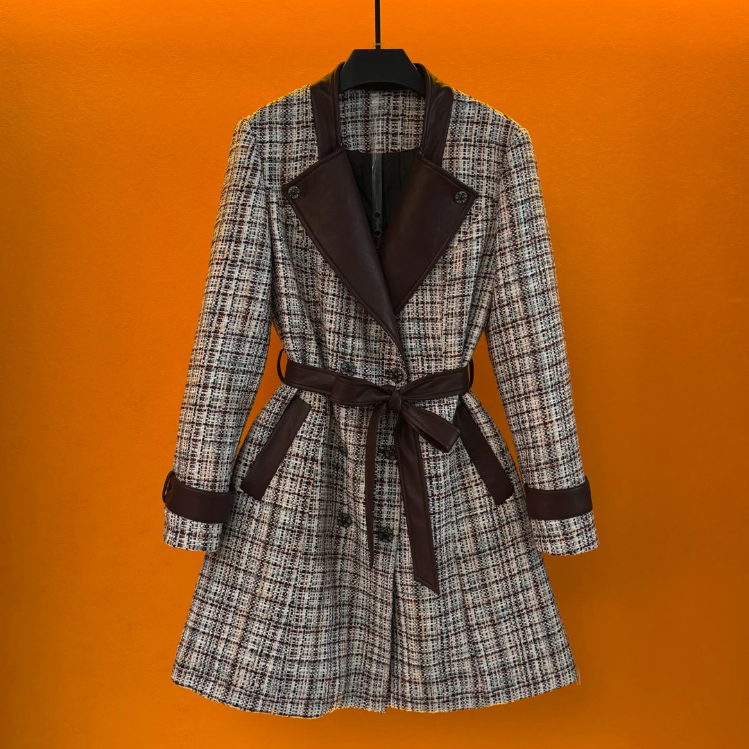 【L】高奢设计师气质千鸟格冬季时尚女士收腰羽绒服中长款A026