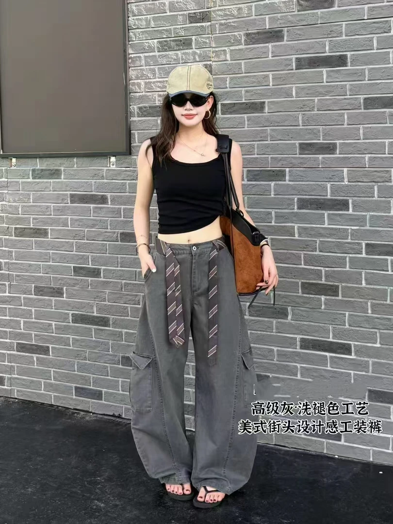 宽松百搭高街保暖阔腿裤休闲裤口袋纯色街头秋季工装裤