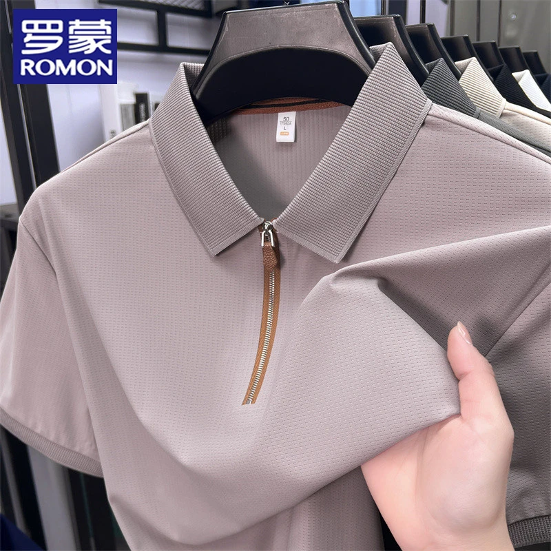 罗蒙夏季薄款男士凉爽短袖T恤纯色休闲透气速干半拉链时尚polo衫