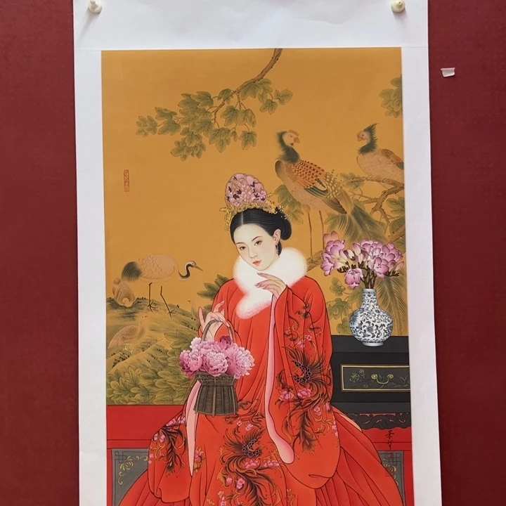 蒙***流国画中国红仕女图年画好好看