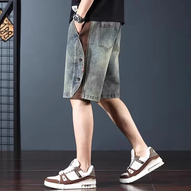 美式复古牛仔短裤男夏季新款宽松直筒重磅洗水五分裤休闲拼接裤子