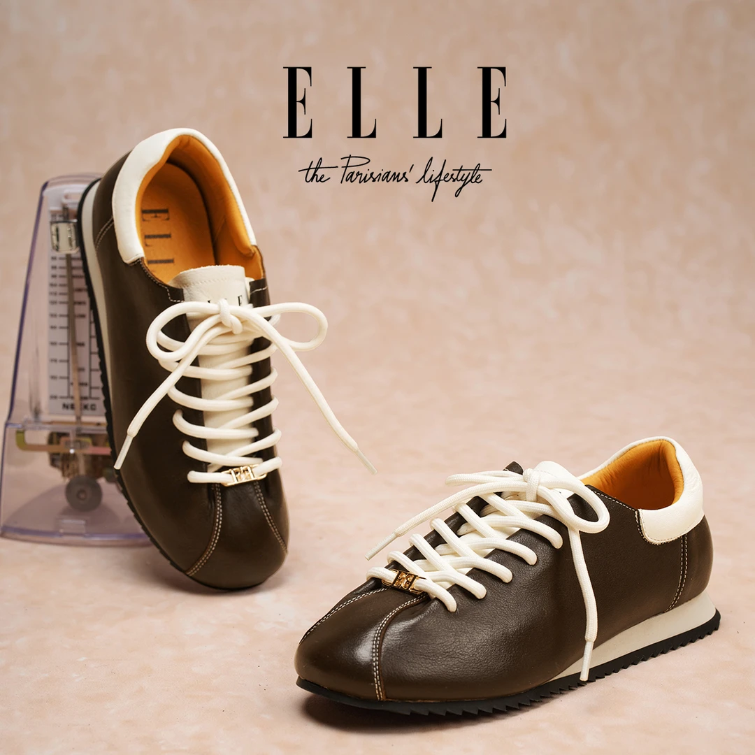ELLE复古小众芭蕾德训鞋女2025新款冬季通勤百搭平底真皮阿甘鞋子