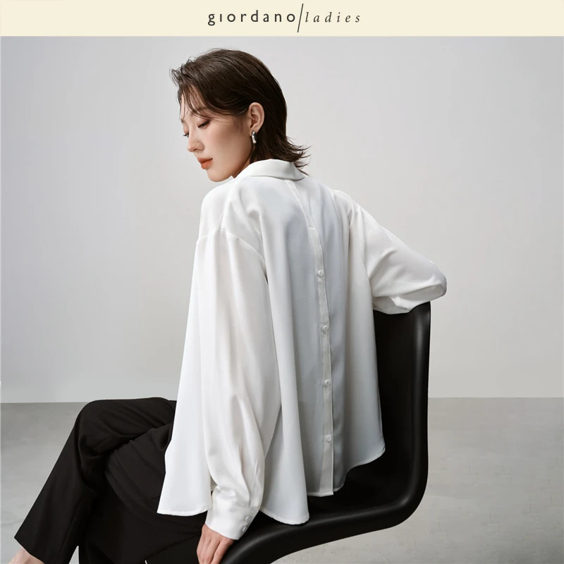 giordano ladies 25秋新款气质通勤纯色暗门襟长袖衬衫女02345508