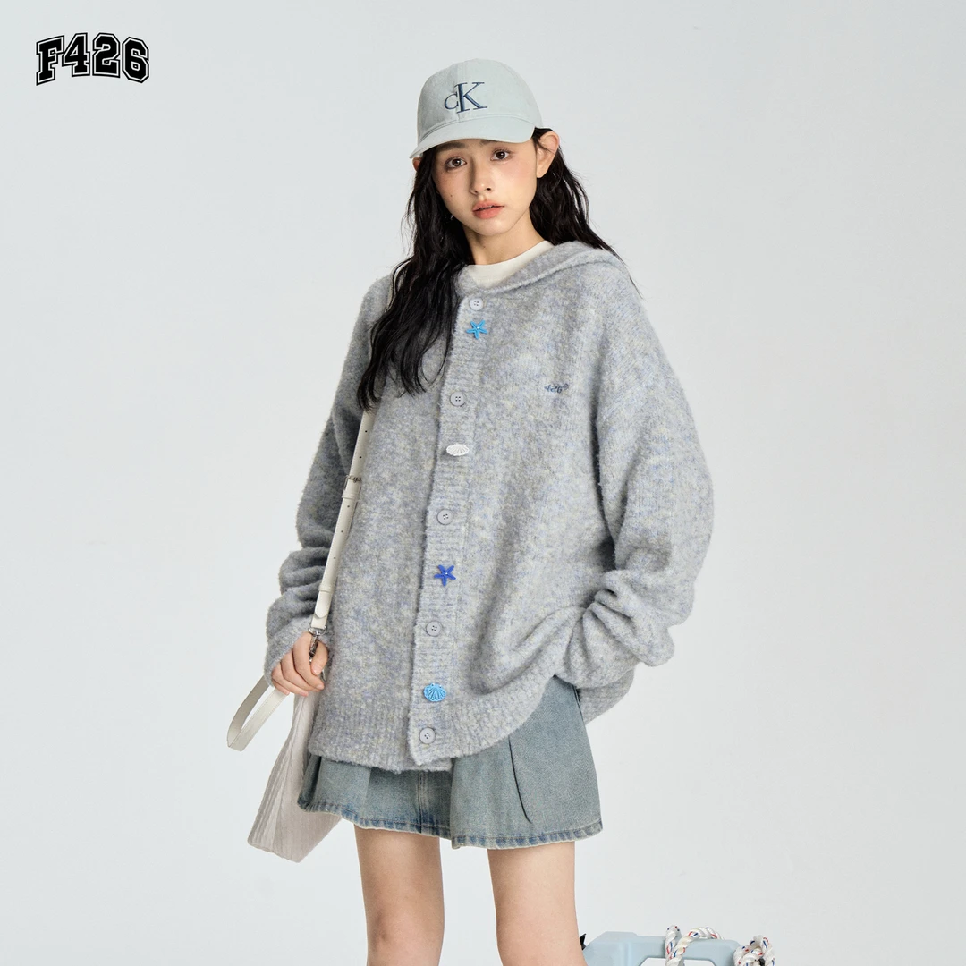 F426国潮牌春秋款针织外套情侣不规则高级保暖连帽开衫毛衣5947