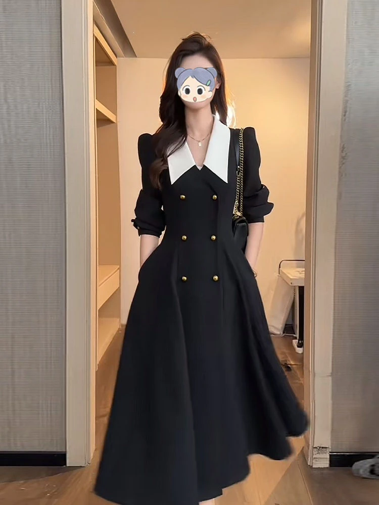 高级感黑色连衣裙女2025早秋新款收腰显瘦正式场合精致长袖长裙