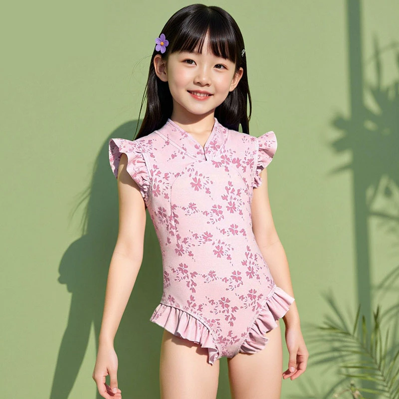 儿童泳衣新款可爱的女孩泳衣有飞边保守款式拉链款式好穿脱
