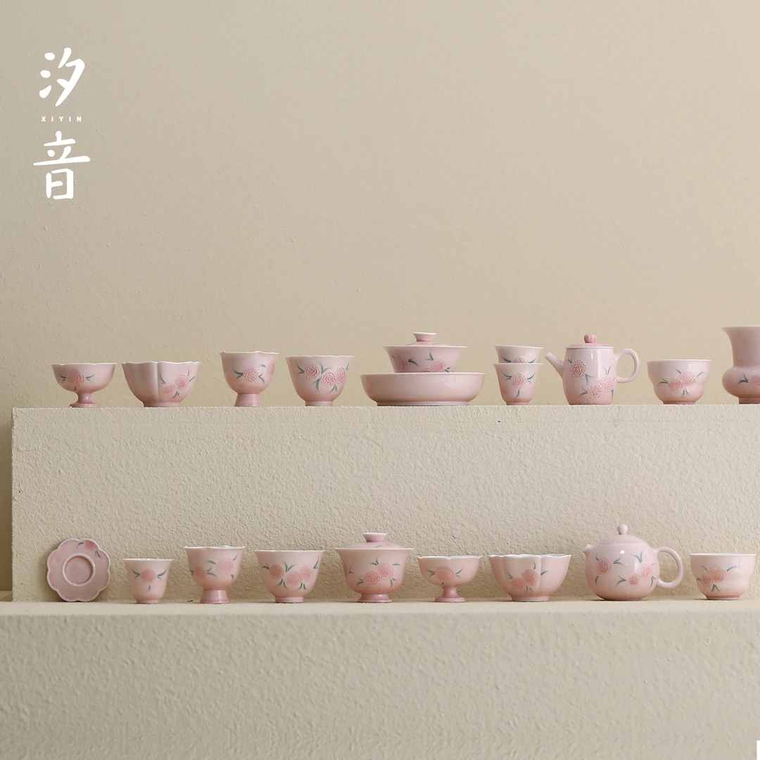 汐音粉色手绘玫瑰二才盖碗茶壶家用陶瓷泡茶碗主人杯女士茶具茶杯