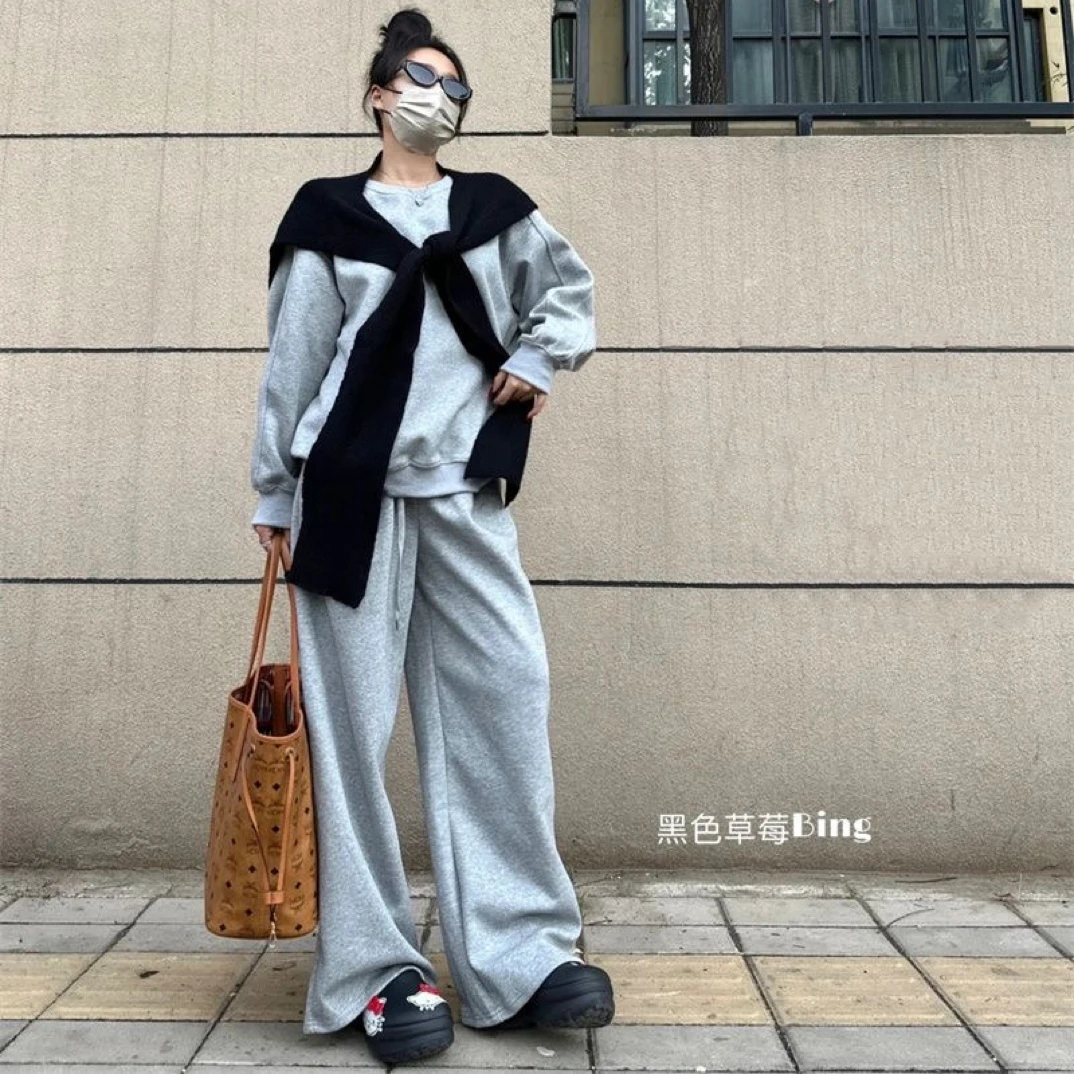 韩系慵懒风圆领长袖宽松卫衣叠穿披肩女秋季高腰阔腿裤三件套