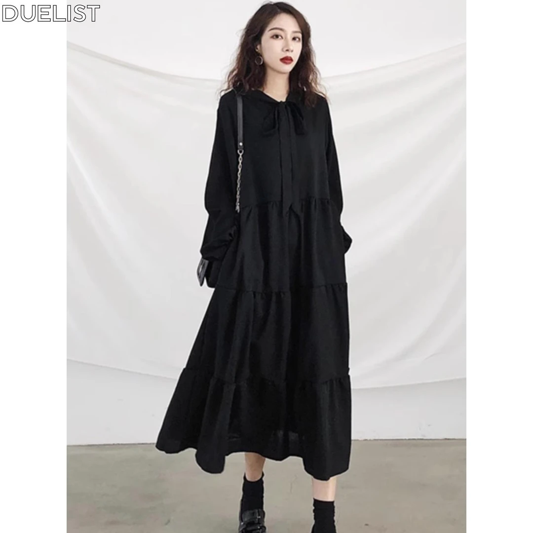 DUELIST大码胖妹妹遮肚子宽松黑色连衣裙女新款韩版显瘦减龄长裙