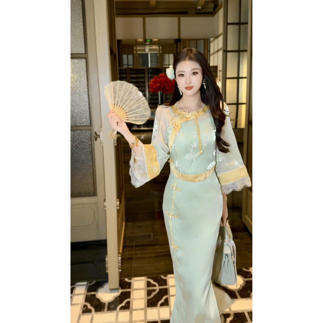 【媛珠 兰亭碧波】重工刺绣新中式国风上衣+吊带裙套装长款显瘦