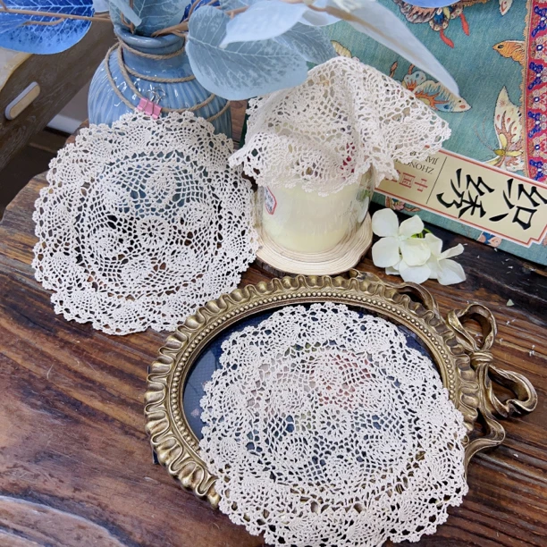 S236 细线钩针圆盘垫本色棉质直径19cm（有氧化）4片