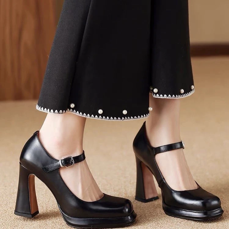 高跟玛丽珍鞋女2025年春季新款巨显瘦方头性感厚底浅口一字扣单鞋