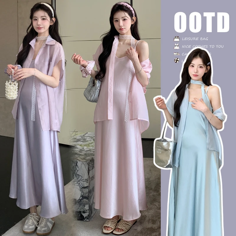 { 糕糕 }孕妇装2025夏季新款简约法式丝滑吊带裙+短袖衬衫套装