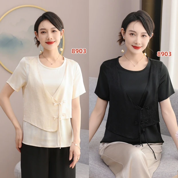 短款新中式短袖中国风假两件T恤T恤8903