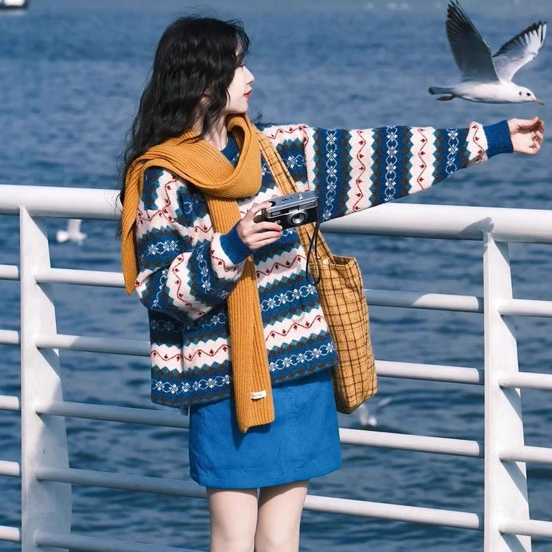 网红洋气蓝色费尔岛提花套头毛衣女装秋冬季慵懒风时尚针织衫上衣