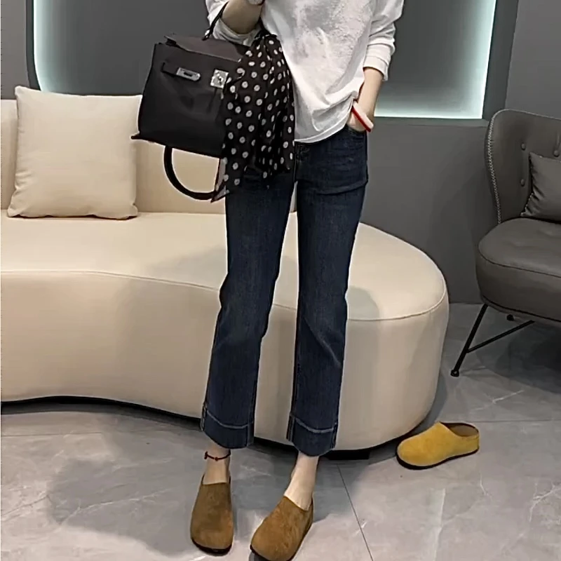 飞芊娅春秋季新款小个子直筒牛仔裤女时尚简约高腰显瘦九分烟管裤