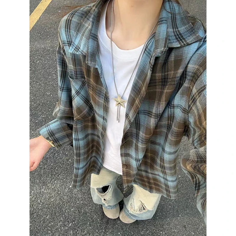 复古海盐蓝棕色格子衬衫男女同款宽松慵懒风叠穿情侣长袖衬衣外套