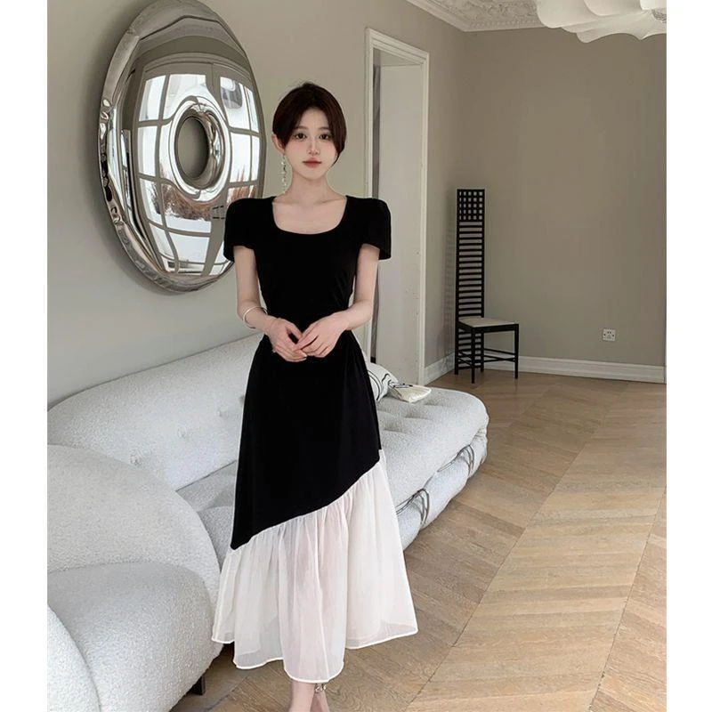 法式短袖连衣裙女夏季收腰显瘦拼接长裙微胖MM赫本风撞色裙子