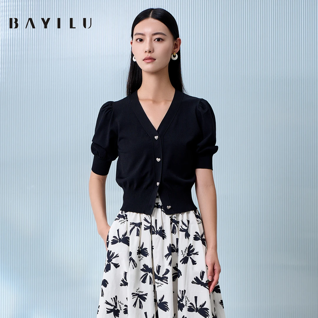 【女乔】芭依璐2025夏季针织外套女v领百搭短袖开衫上衣90SW977