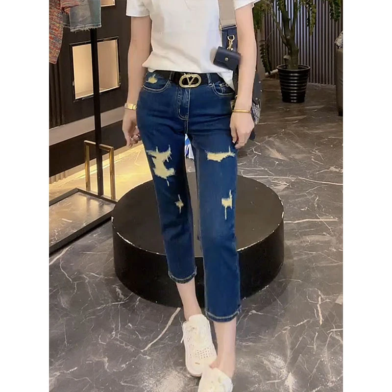 2025夏季新款高腰弹力破洞烟管裤大码女装时尚洋气显瘦直筒牛仔裤
