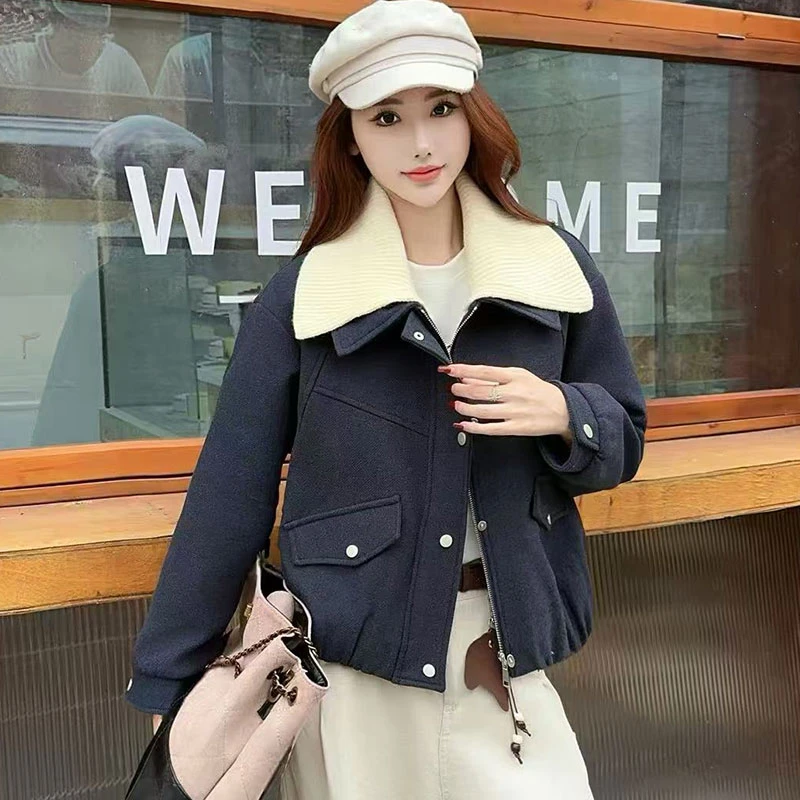 时尚气质韩版宽松大翻领上衣2025秋冬新款百搭休闲毛呢个性短外套