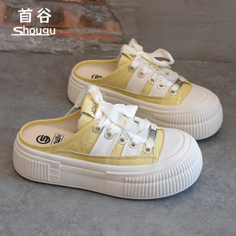 shougu/首谷2025夏季新款流行懒人包头半拖鞋女休闲一脚蹬小白鞋
