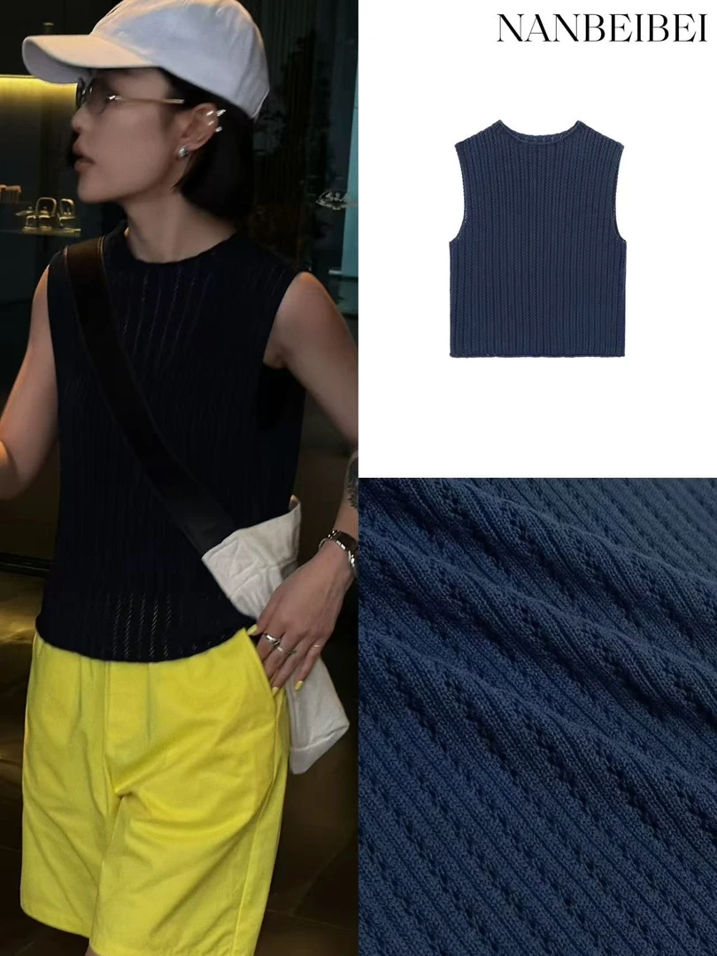 NanBeiBei 小背心  简约竖条纹理感微卷边无袖针织背心 020
