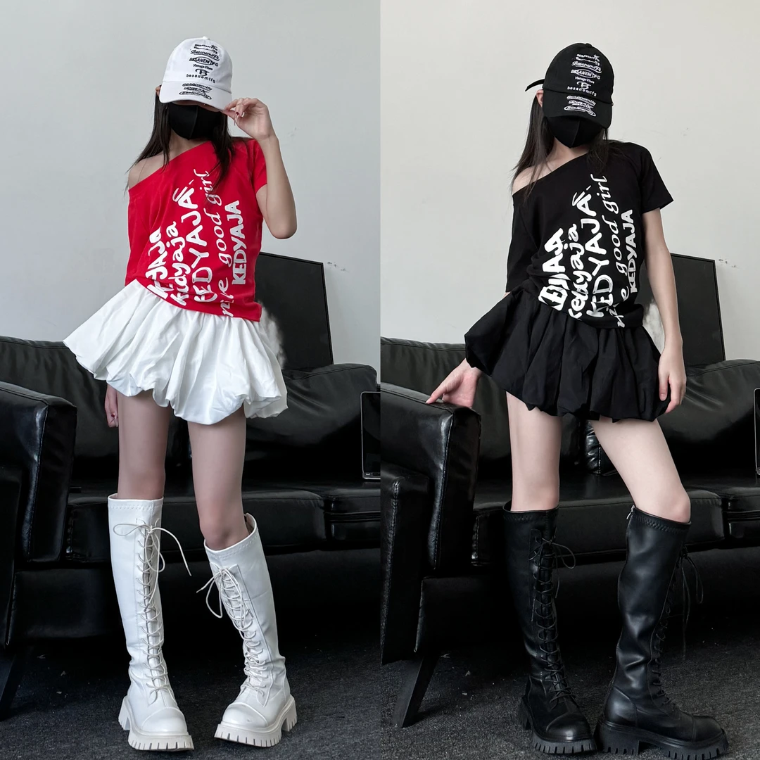 2025夏季新款甜酷女童斜肩T恤云朵半身裙女团爵士舞演出服套装