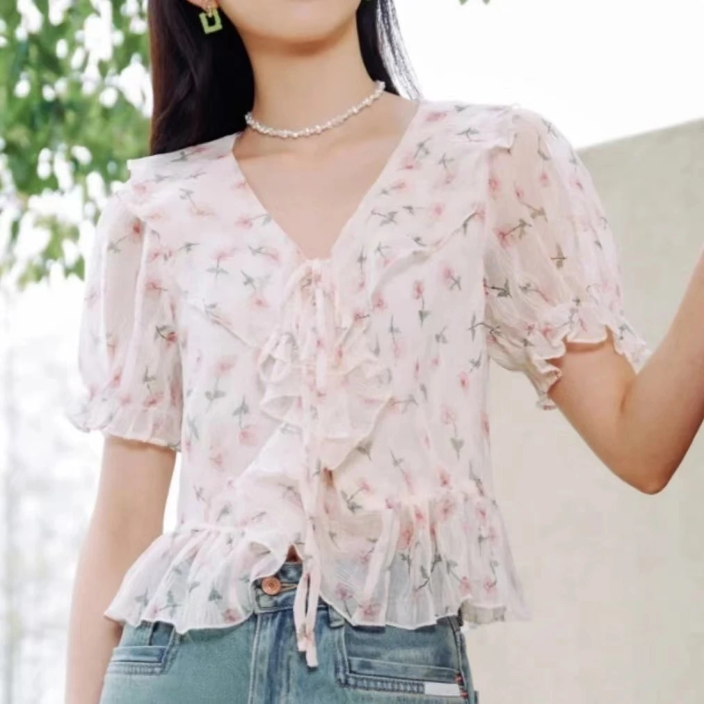 I3659小仙女必入2025法式碎花荷叶新款显瘦衬衫宽松上衣