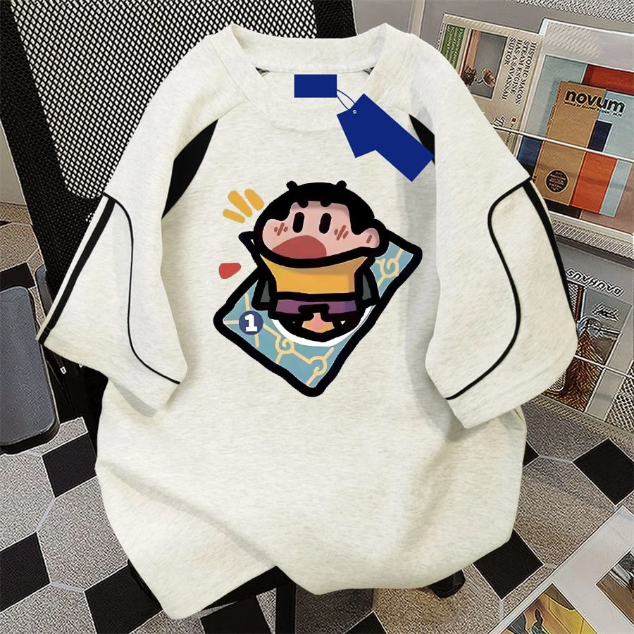 【ZHAP】圆领条纹拼接短袖t恤女高街宽松显瘦chic简约百搭上衣潮流