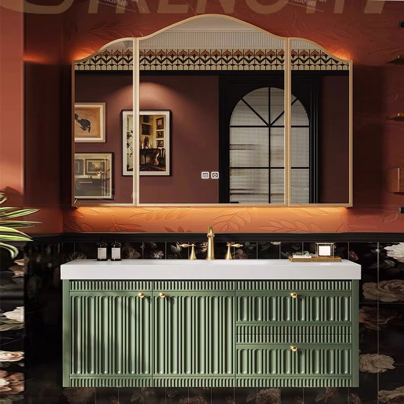 法式复古风橡胶木悬挂式陶瓷一体盆浴室柜组合卫生间洗漱台洗脸盆