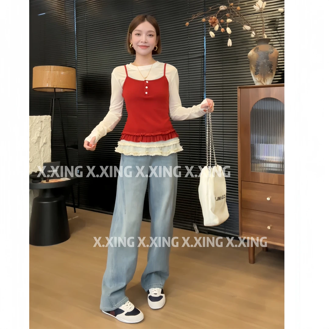 X.x.韩系设计感双层花边下摆吊带薄款打底衫T恤两件套上衣C31-145