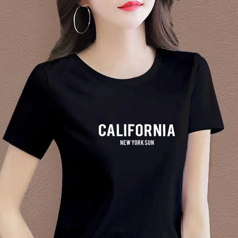 纯棉短袖t恤夏季宽松圆领黑色半袖时尚百搭韩版印花女士体恤上衣