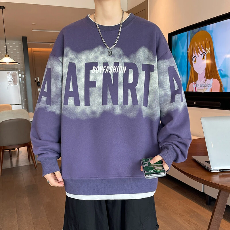 春秋季青少年圆领长袖套头上衣宽松型百搭潮流男士卫衣字母印花